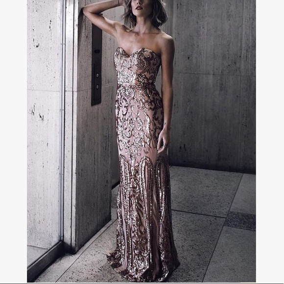 rebecca rose gold strapless sequin maxi dress